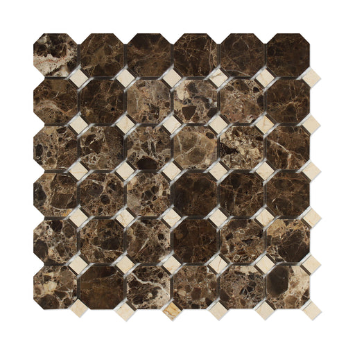Emperador Dark Marble Mosaic - Octagon with Crema Marfil Dots Polished