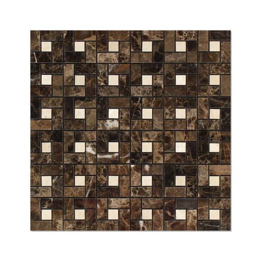Emperador Dark Marble Mosaic - 5/8" x 1 1/4" Pinwheel with Crema Marfil Dots Polished