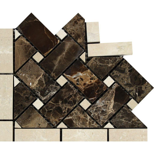 Emperador Dark Marble Border - Basket Weave Border Corner with Crema Marfil Dots Polished