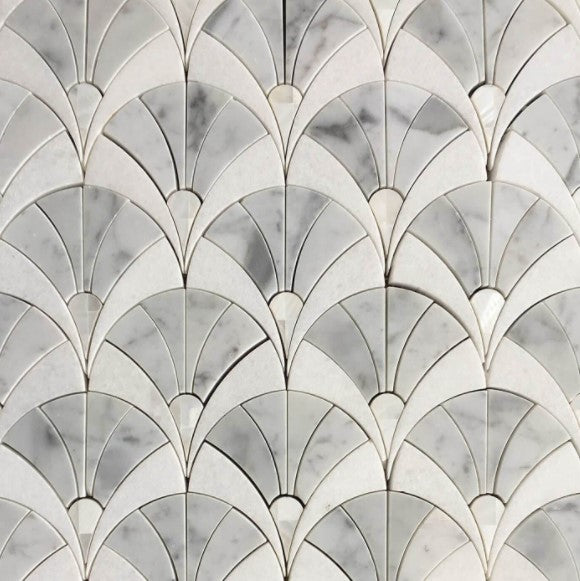 Fan II White Carrara / Thassos / Mother of Pearl Polished Pearl & Marble Mosaic - Fan