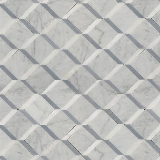 Luxe White Carrara with Azul Imperial & Thassos Inserts Polished Marble Mosaic - Florentine