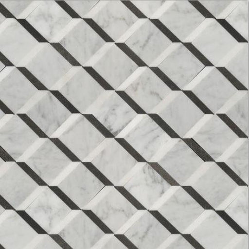 Luxe White Carrara with Basalt Black & Thassos Inserts Polished Marble Mosaic - Florentine