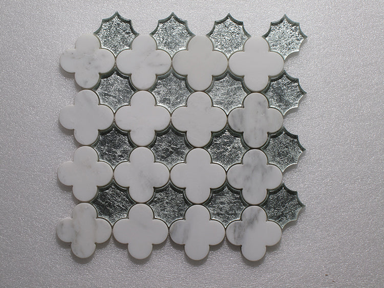 Polished Oriental White & Silver Marble & Glass Mosaic - Flower