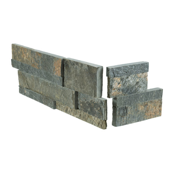 Gold Green Natural Cleft Face, Gauged Back Quartzite Ledgestone Corner - 6" x 6" & 6" x 18"