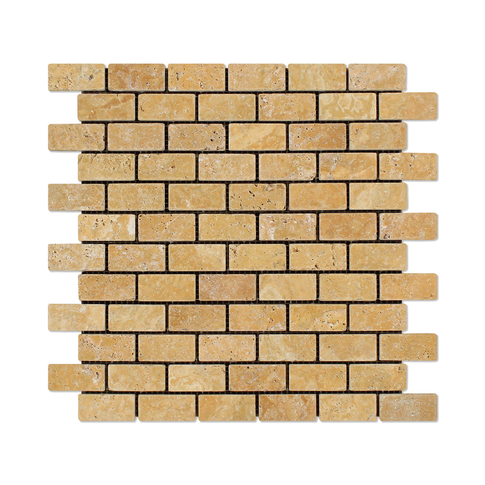 Golden Sienna Travertine Mosaic - 1" x 2" Brick Tumbled