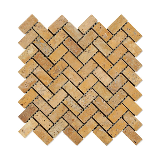 Golden Sienna Travertine Mosaic - 1" x 2" Herringbone Tumbled