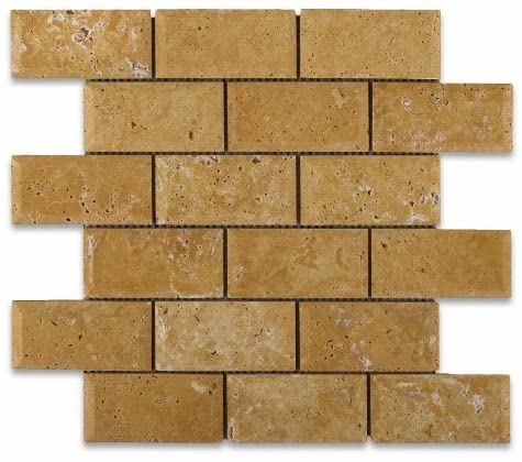 Golden Sienna Travertine Mosaic - 2" x 4" Beveled Brick Unfilled & Honed