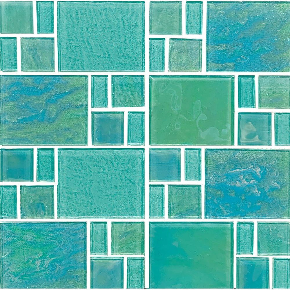 Full Sheet Sample - Aquatica Piazza Green Deco Block Random Glass Mosaic - 11.75" x 11.75" Textured