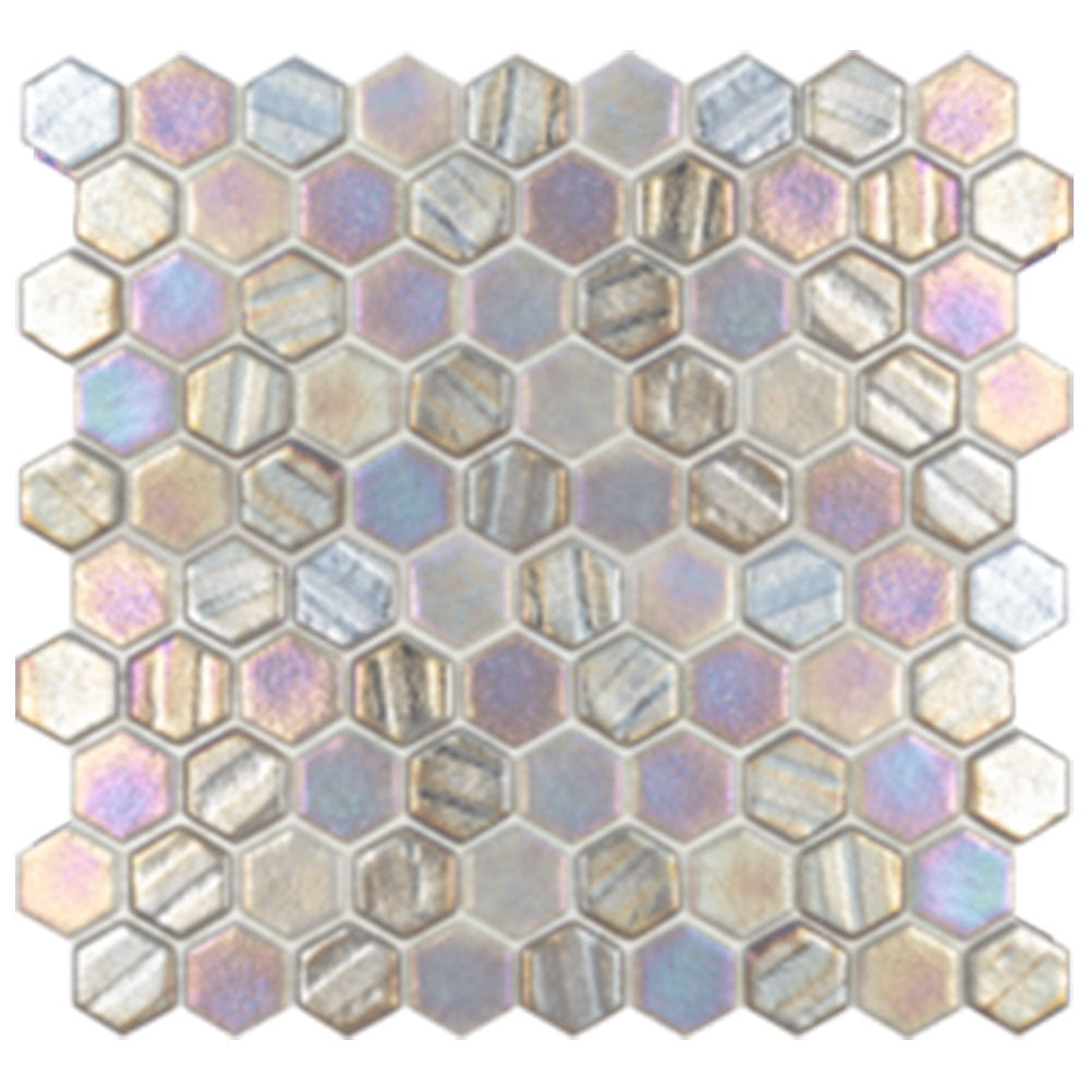 Full Sheet Sample - Illusions Grey Deco Hexagon Glass Mosaic - 1" x 1" Iridescent