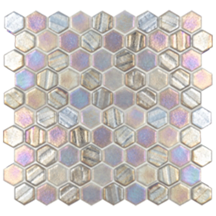 Full Sheet Sample - Illusions Grey Deco Hexagon Glass Mosaic - 1" x 1" Iridescent