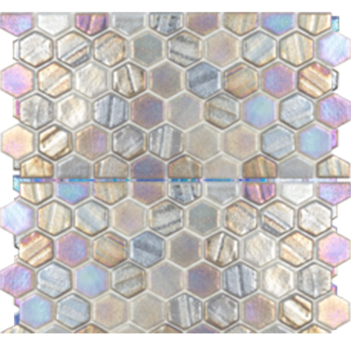 Full Sheet Sample - Illusions Grey With Border Deco Hexagon Glass Mosaic - 1" x 1" x 4 MM Iridescent