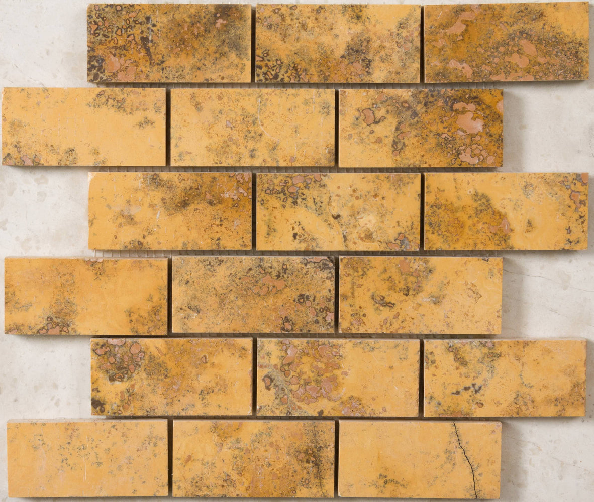 Giallo Cross Cut Travertine Mosaic - 2" x 4" Brick