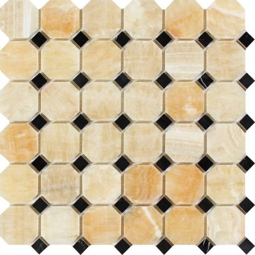 Honey Onyx Mosaic - Octagon with Black Dots Polished