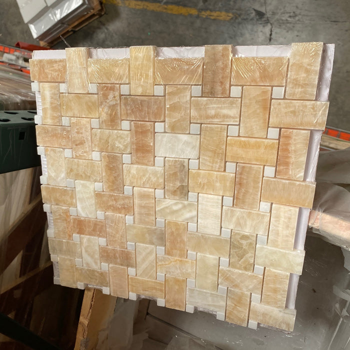 Polished Honey Onyx Mosaic - Basket Weave with White Dos
