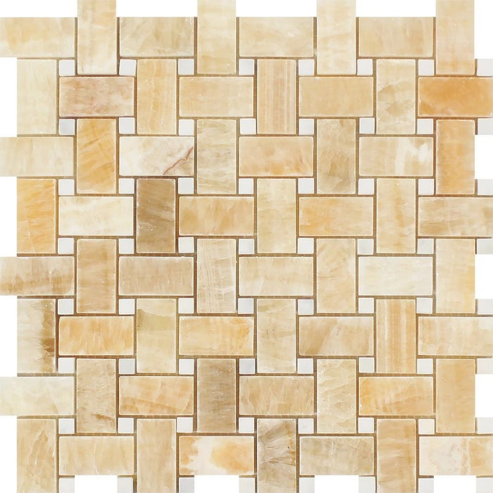 Honey Onyx Mosaic - Basket Weave with White Dots Polished