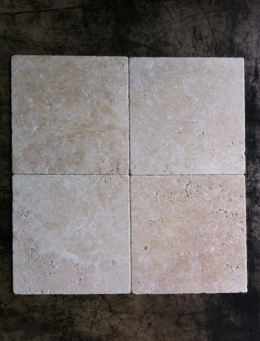 Ivory Cross Cut Travertine Tile - 4" x 4" x 3/8" Tumbled