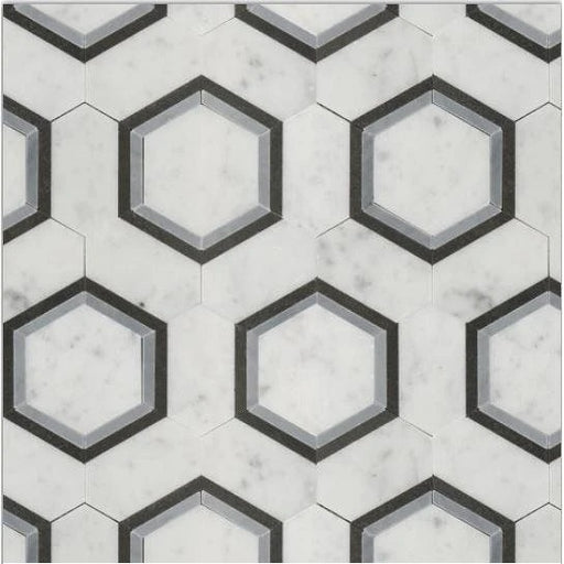 Luxe White Carrara with Azul Imperial & Black Basalt Border Polished Marble Mosaic - Infinity Hexagon
