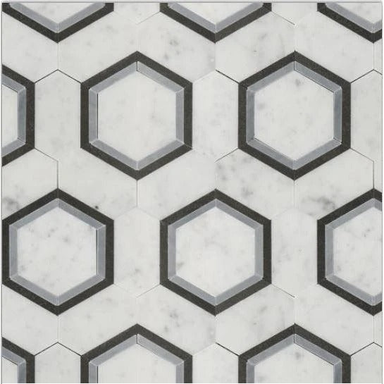 Luxe White Carrara with Azul Imperial & Black Basalt Border Polished Marble Mosaic - Infinity Hexagon
