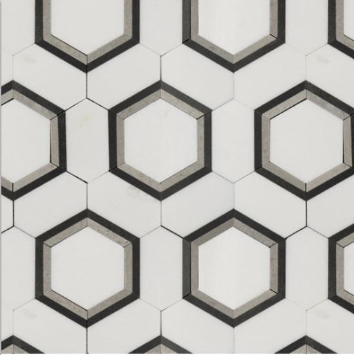 Luxe Thassos White with Black Basalt & Palladium Grey Border Polished Marble Mosaic - Infinity Hexagon