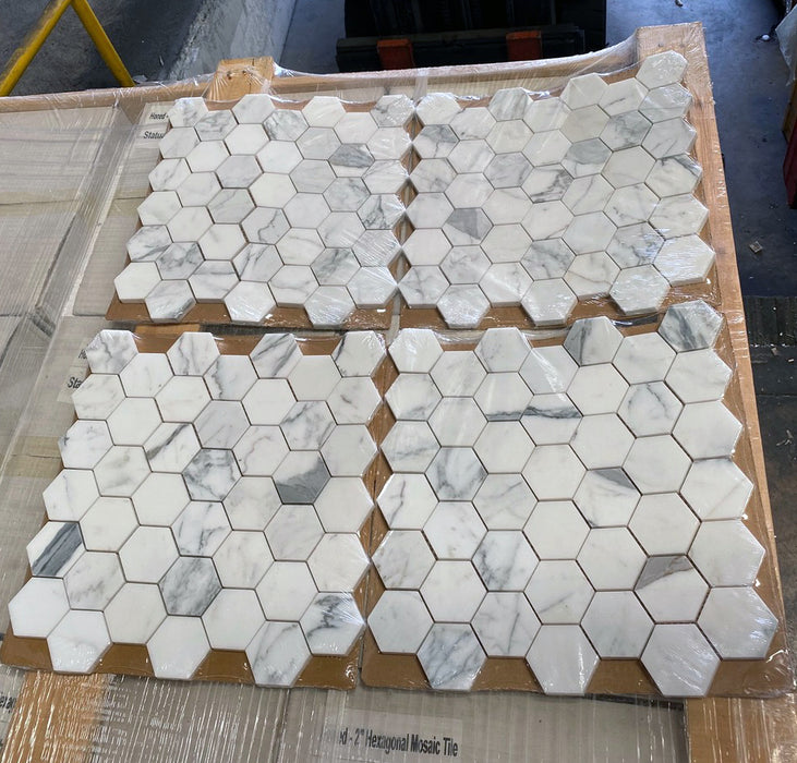 Italian Statuary White Marble Mosaic - 2" Hexagon Honed