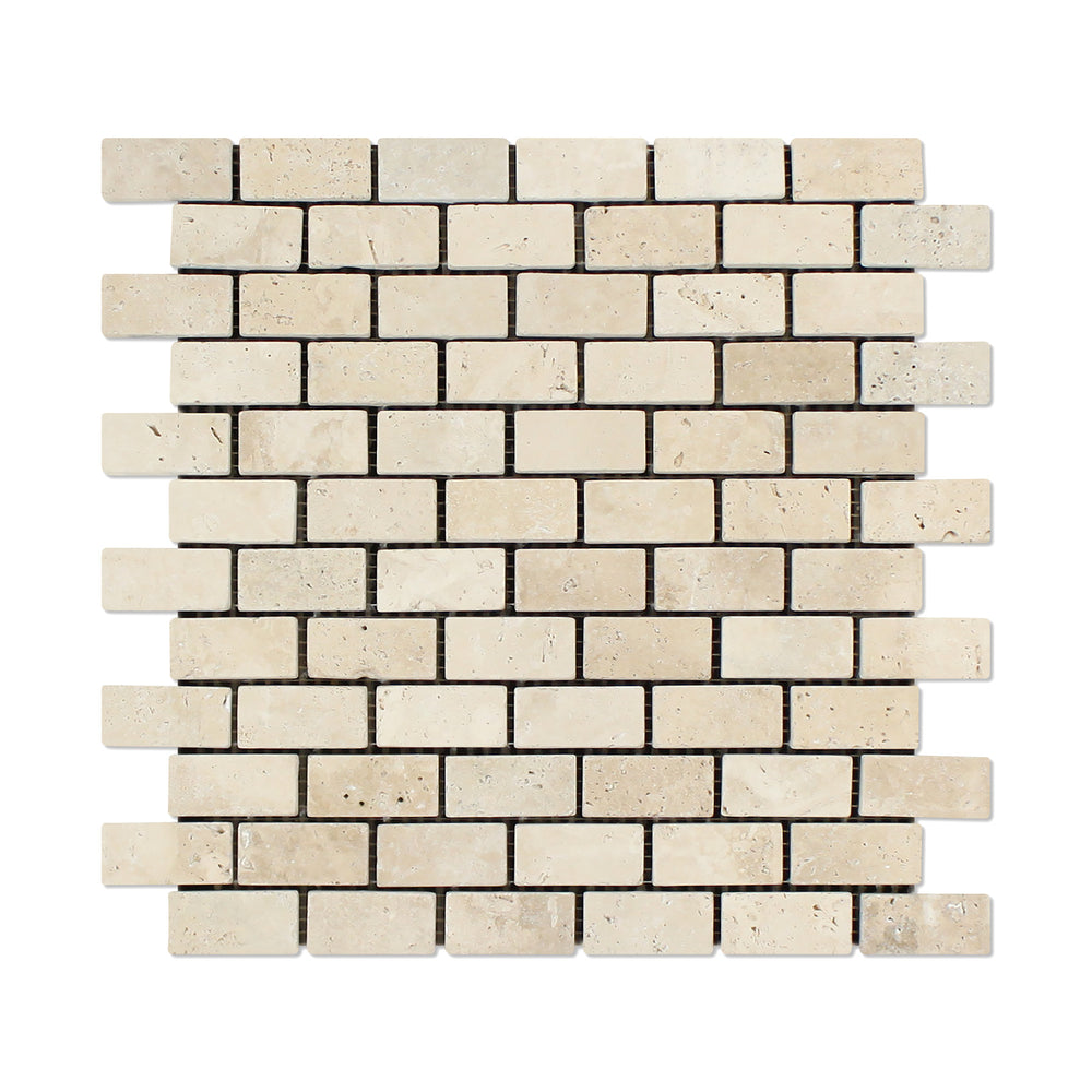 Ivory Travertine Mosaic - 1" x 2" Brick Tumbled