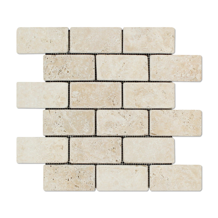 Ivory Travertine Mosaic - 2" x 4" Brick Tumbled