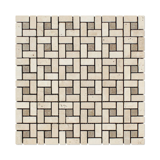 Ivory Travertine Mosaic - 5/8" x 1 1/4" Pinwheel with Noche Dots Tumbled