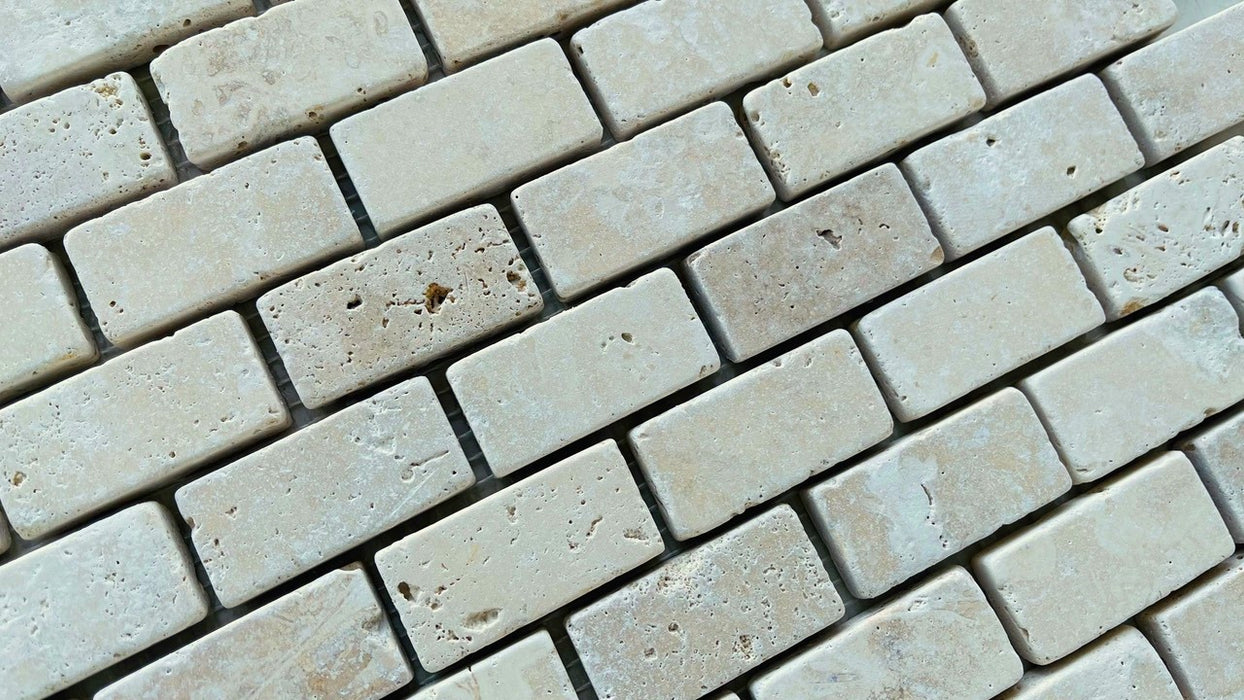 Ivory Travertine 1" x 2" Brick Tumbled Mosaic