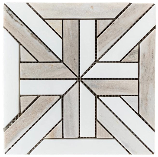 Full Sheet Sample - Bianco Dolomite & Palissandro Karo Marble Mosaic - 8" x 8" x 3/8" Polished