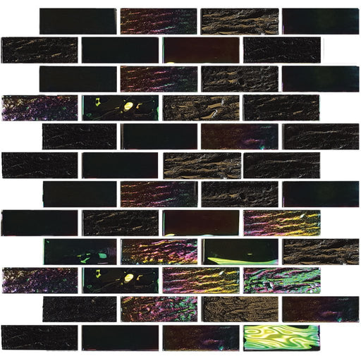 Full Sheet Sample - Aquatica Nautical Laguna Black Staggered Glass Mosaic - 1" x 3" x 6 MM Iridescent