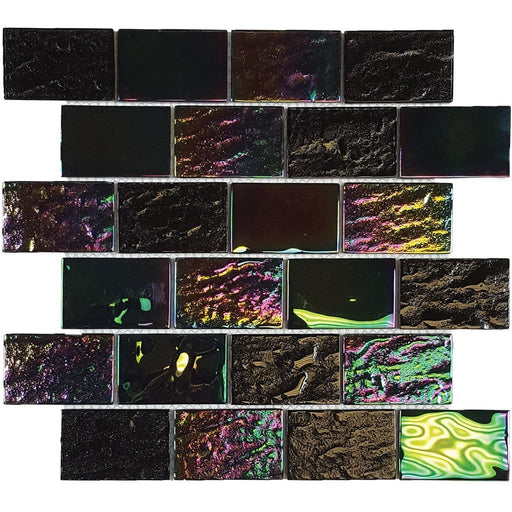 Full Sheet Sample - Aquatica Nautical Laguna Black Staggered Glass Mosaic - 2" x 3" x 6 MM Iridescent