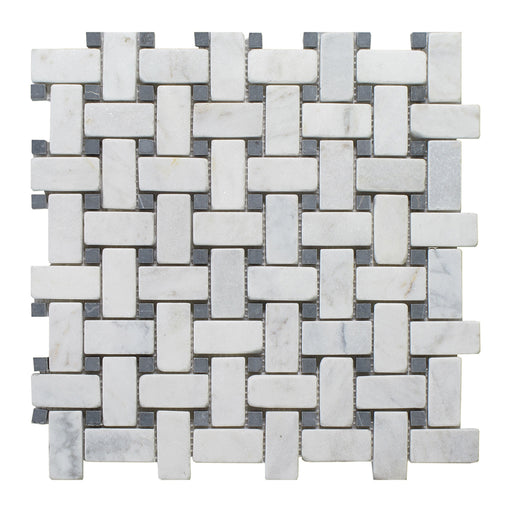 Full Sheet Sample - Bianco Mare Basket Weave with Black Dots Marble Mosaic - 1" x 2" x 3/8" Tumbled