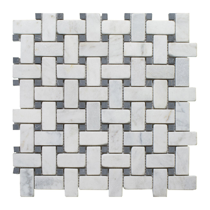 Full Sheet Sample - Milas White Basket Weave Marble Mosaic - 1" x 2" x 3/8" Tumbled