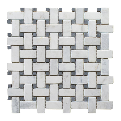 Milas White Tumbled Marble Mosaic - 1" x 2" Basket Weave