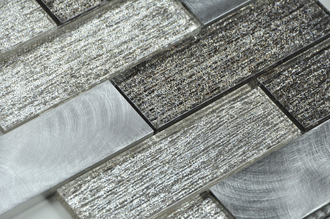 Mineral Gray Silk Interlocking  Glass & Metal Mosaic - Brick 
