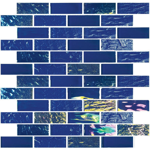 Full Sheet Sample - Aquatica Nautical Naval Blue Staggered Glass Mosaic - 1" x 3" x 6 MM Iridescent