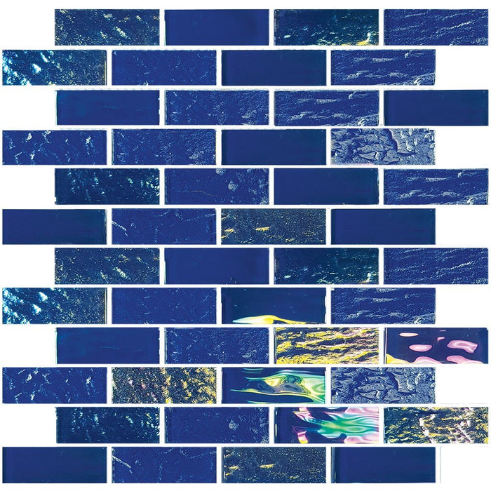 Full Sheet Sample - Aquatica Nautical Naval Blue Staggered Glass Mosaic - 1" x 3" x 6 MM Iridescent