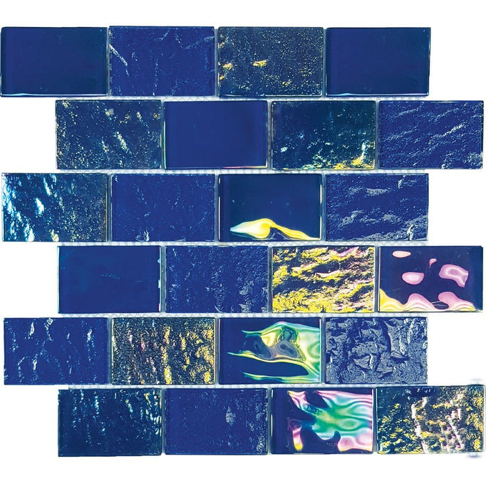 Full Sheet Sample - Aquatica Nautical Naval Blue Staggered Glass Mosaic - 2" x 3" x 6 MM Iridescent