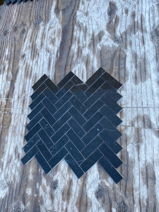 Polished Nero Marquina Marble Mosaic - 1" x 3" Herringbone