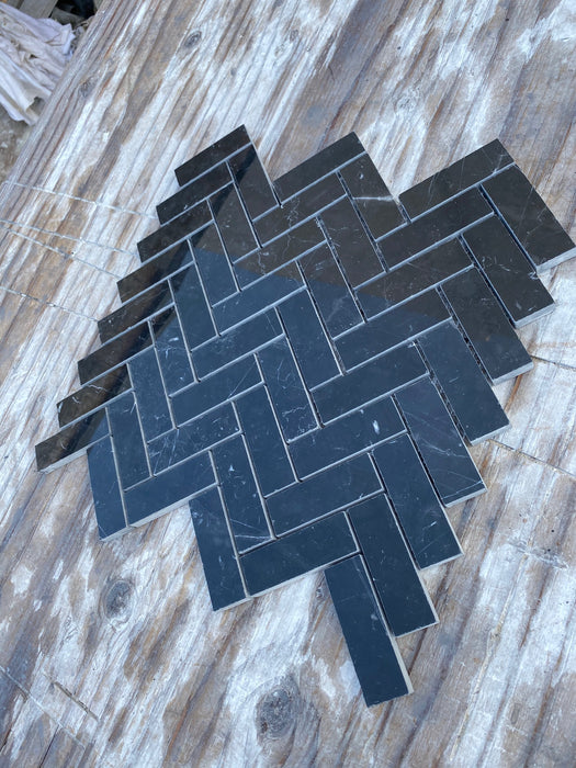 Nero Marquina Marble Mosaic - 1" x 3" Herringbone Polished