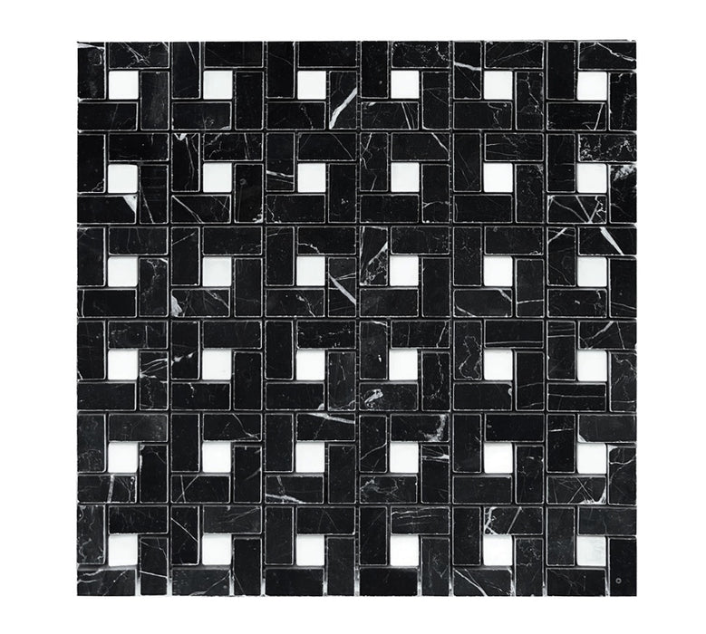 Nero Marquina Marble Mosaic - Mini Pinwheel with White Dots