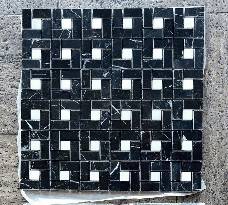 Nero Marquina Marble Mosaic - Mini Pinwheel with White Dots Honed