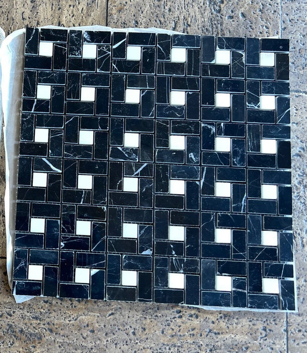 Nero Marquina Marble Mosaic - Mini Pinwheel with White Dots Polished