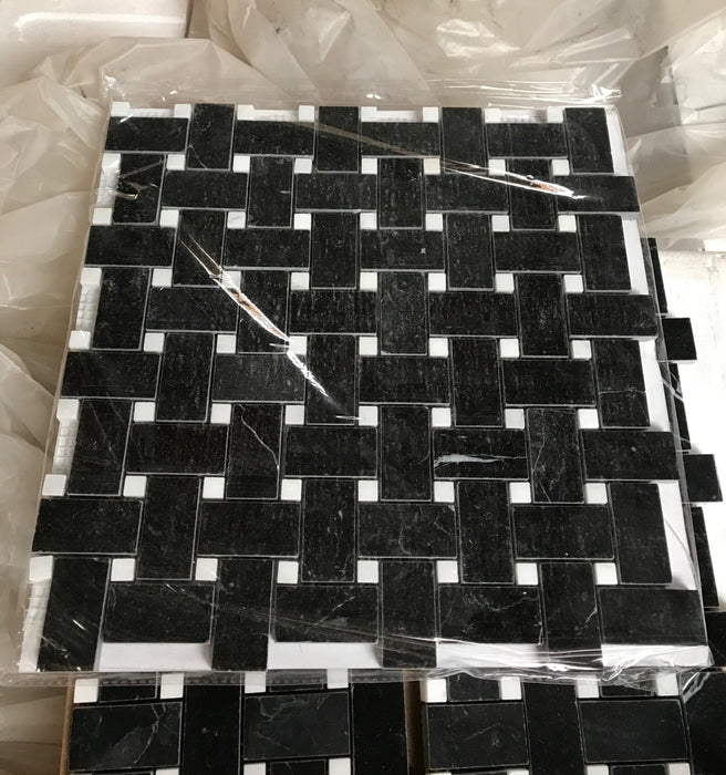 Nero Marquina Marble Mosaic - Basket Weave with White Dots Polished