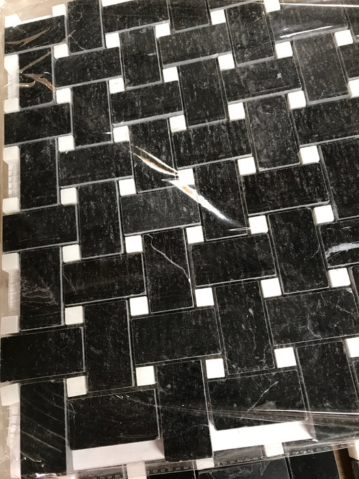 Basket Weave with White Dots Nero Marquina Marble Mosaic