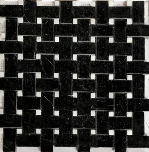 Nero Marquina Marble Mosaic - Basket Weave with White Dots