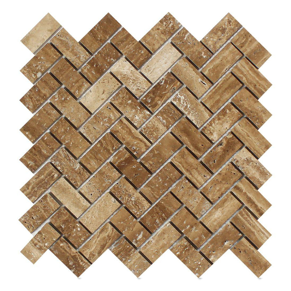 Noche Vein Cut Travertine Mosaic - 1" x 2" Herringbone Brushed