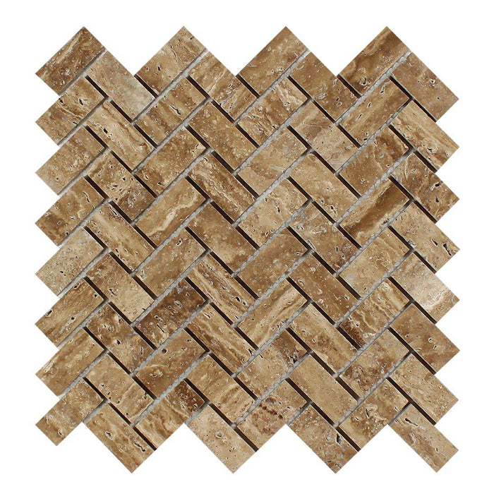 Noche Vein Cut Travertine Mosaic - 1" x 2" Herringbone Polished