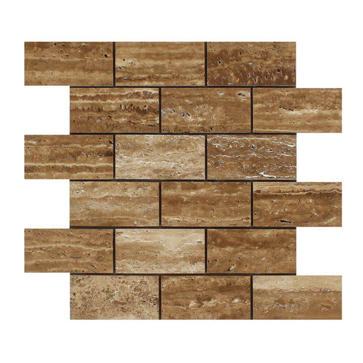 Noche Vein Cut Travertine Mosaic - 2" x 4" Brick Brushed