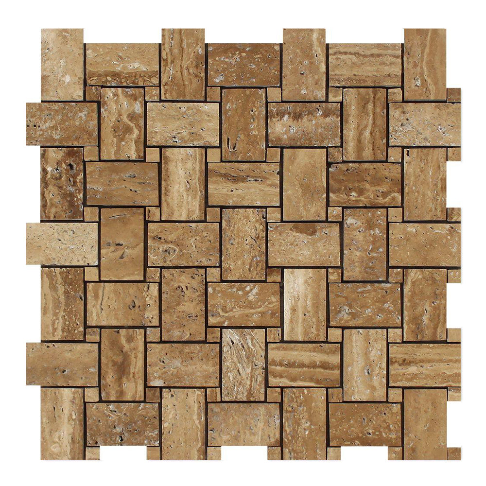 Noche Vein Cut Travertine Mosaic - Basket Weave with Noche Vein Cut Dots Brushed